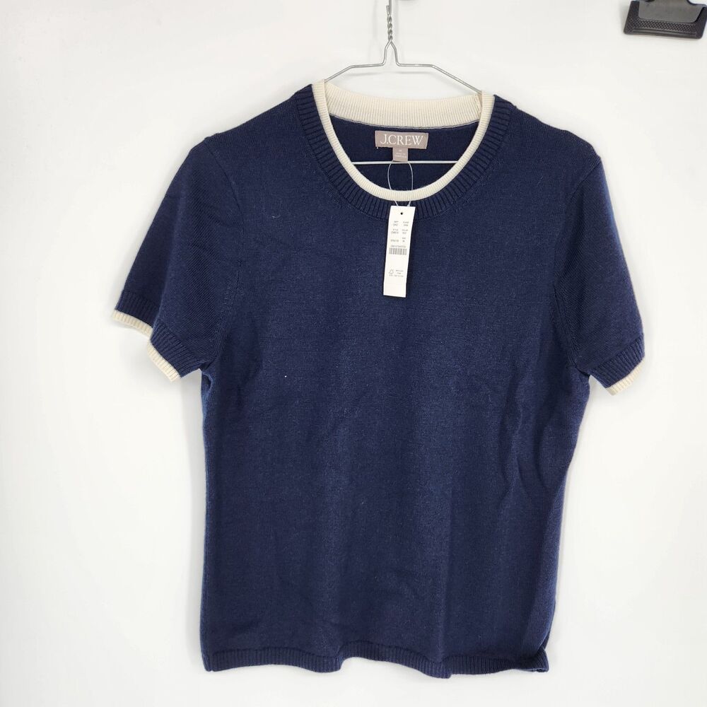 J.Crew Women's Medium Navy Ivory Carolyn Layered Sweater Tee NWT Merino Wool